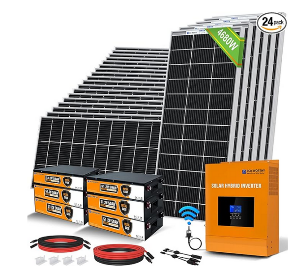 ECO-WORTHY 4680Watt 21.5KWH 48V Off Grid Solar System Complete Kit Pro for Home Shed with 15KWH Lifepo4 Battery（6pcs 48V 50AH Lifepo4）,Solar Panels for Homes with Solar Mount MPPT Hybrid Inverter