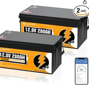 ECO-WORTHY 12V 280Ah 2 Pack LiFePO4 Lithium Battery with Bluetooth, Low-Temp Protection, 6000+ Deep Cycles, 7168Wh Energy, Support in Series/Parallel, for RV, Off-Grid, Solar Power System,UPS, Marine